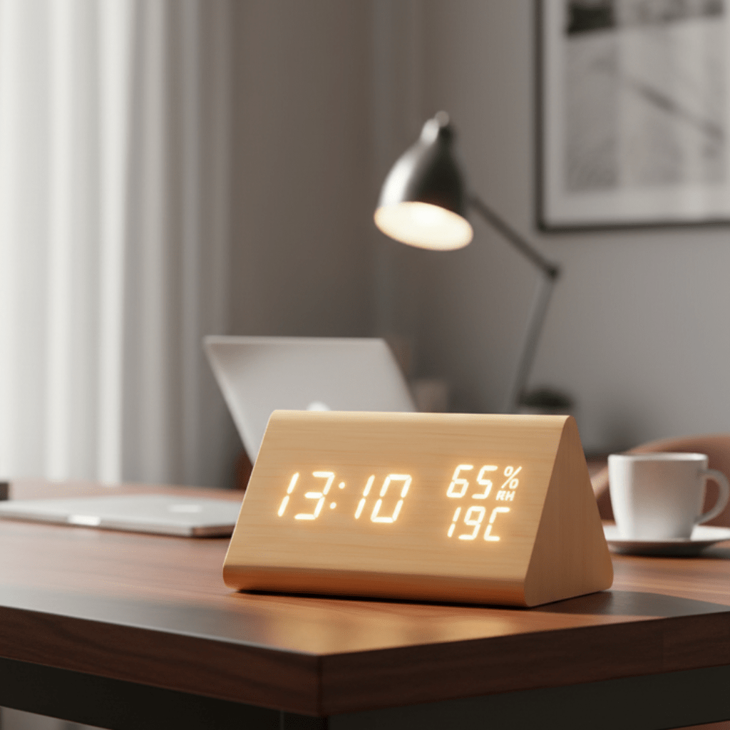 Digitale Holzoptik-Uhr mit Temperaturanzeige | Dimmbares LED-Display | Batterie- oder USB-Betrieb, automatische Abschaltfunktion 1