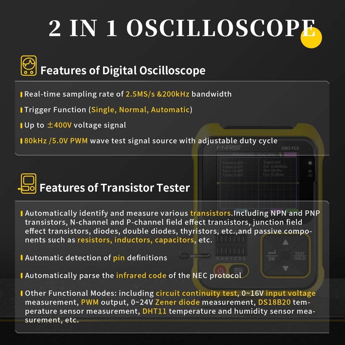 Digitaler Transistor-Tester Spannungsmesser | Oszilloskop-Funktion, 2,5 MS/s Abtastrate | Kompaktes Digitaldisplay