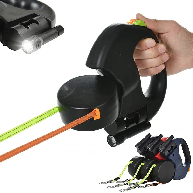 Doppelleine für Hunde mit LED-Licht | 360° Anti-Tangle-System, 3 m einziehbar pro Seite | Reflektierend für mehr Sicherheit