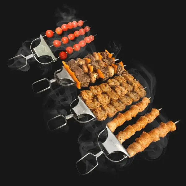 Edelstahl-Grillspieß | Doppelte Zinken | Schiebeschaber für sauberes Servieren | SpießPro