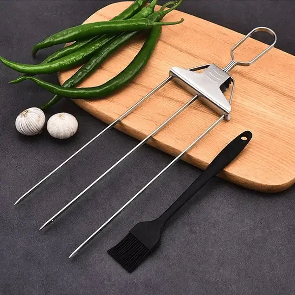 Edelstahl-Grillspieß | Doppelte Zinken | Schiebeschaber für sauberes Servieren | SpießPro