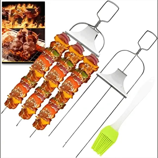 Edelstahl-Grillspieß | Doppelte Zinken | Schiebeschaber für sauberes Servieren | SpießPro