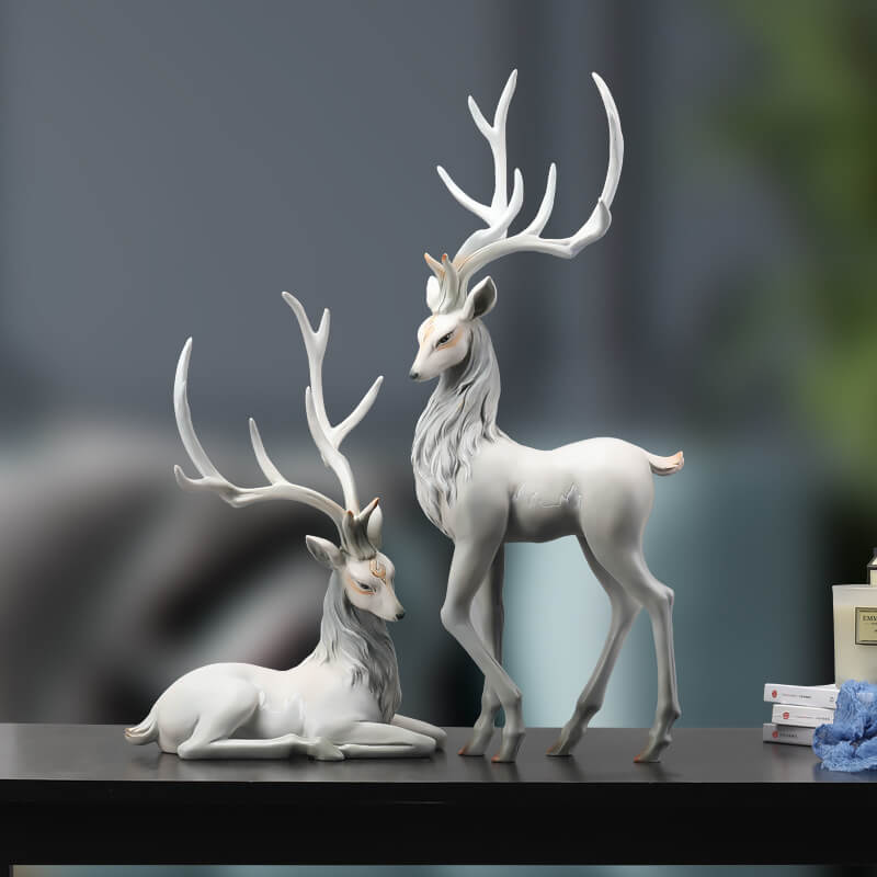 Resin Elk Statue Figurine, Large & Small | Standing or Lying Pose, Morandi Red/Gray/Brown | Modern Home Decor Accent Piece 2