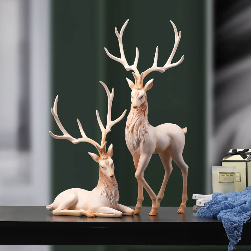 Resin Elk Statue Figurine, Large & Small | Standing or Lying Pose, Morandi Red/Gray/Brown | Modern Home Decor Accent Piece 1