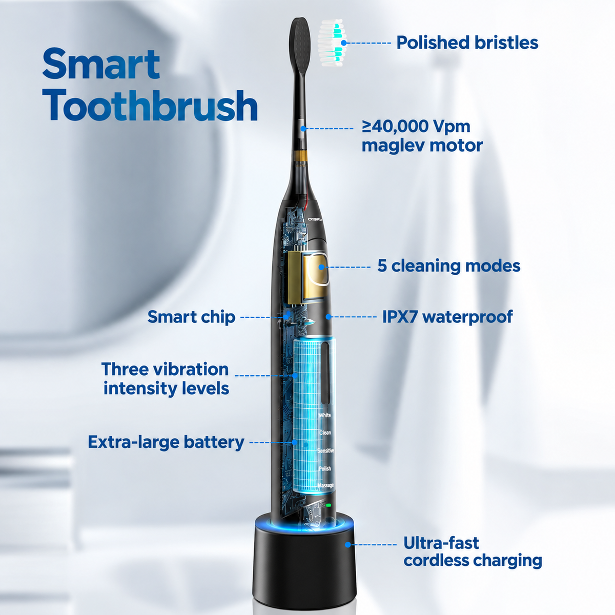 Elektrický zubní kartáček | 6 režimů čištění, výměnné hlavice a cestovní pouzdro | nabíjecí | PureBrush