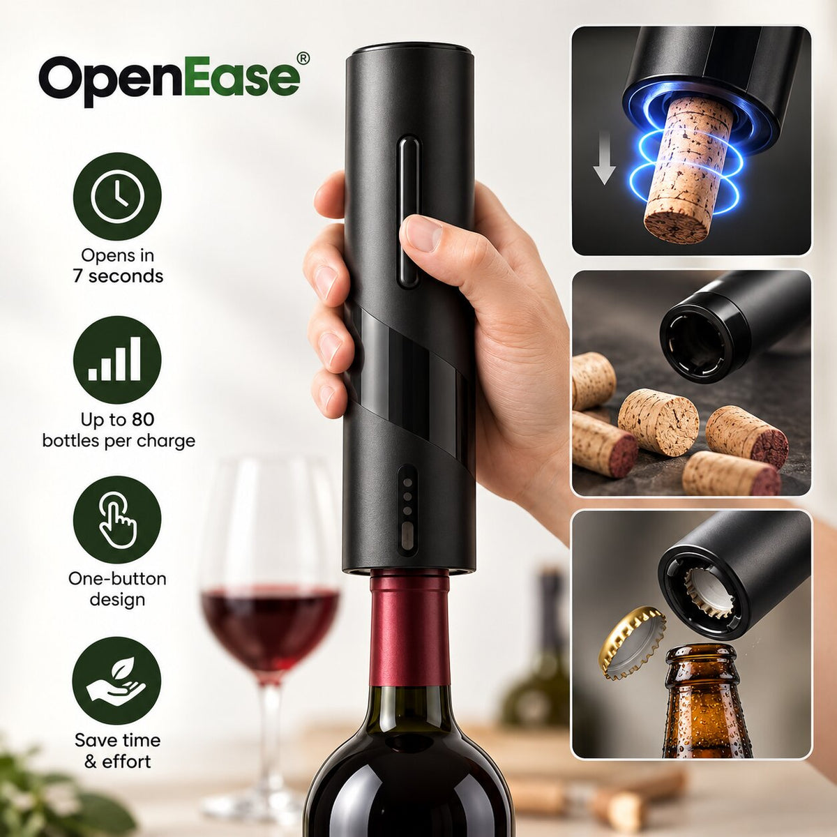 Elektrischer Weinöffner Set mit LED-Beleuchtung | Folienschneider & Bierflaschenöffner | Öffnet bis zu 100 Flaschen