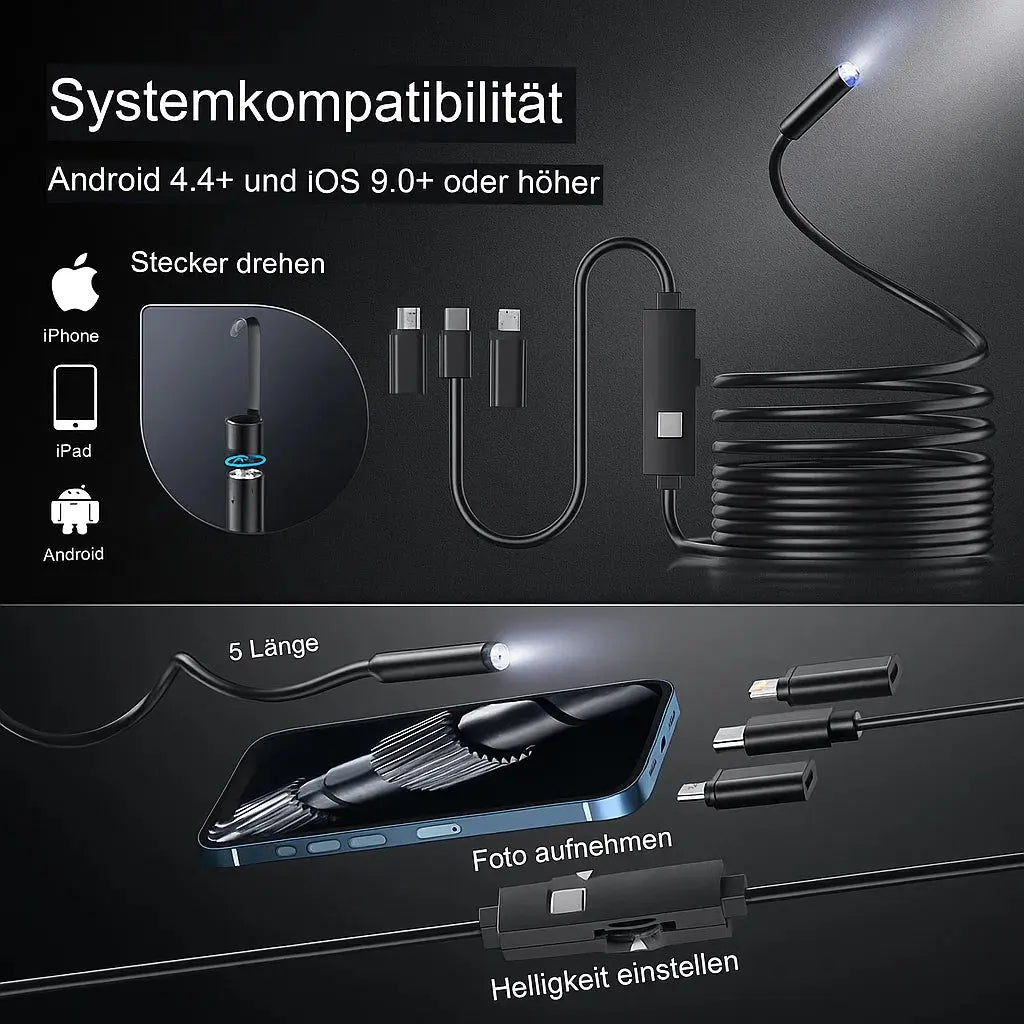 Endoskop Kamera | Plug-and-Play | 5 m Flexkabel | HD-Sicht