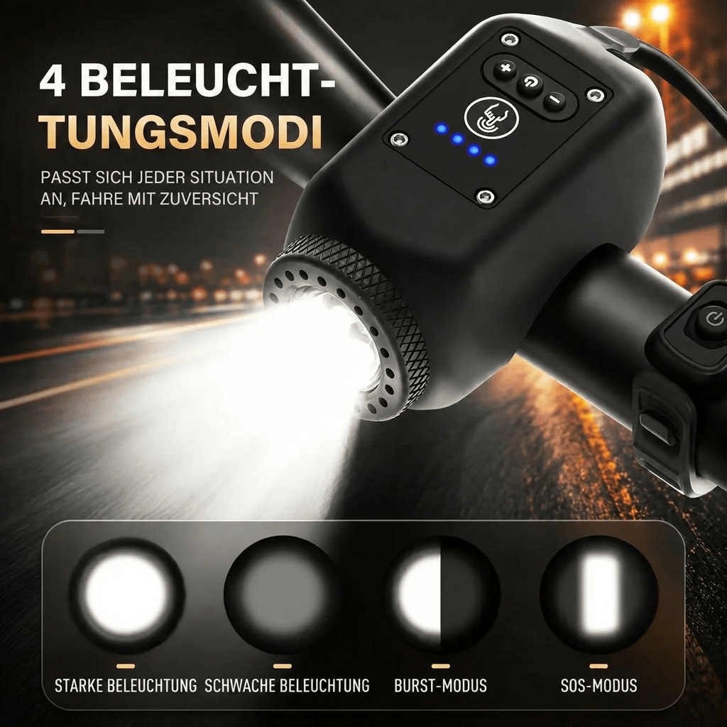 Fahrradlicht mit Hupe USB Aufladbar | 110 dB Hupe und 30 m Flutlicht | IPX5 Wasserdicht mit 225 Minuten Akkulaufzeit 2
