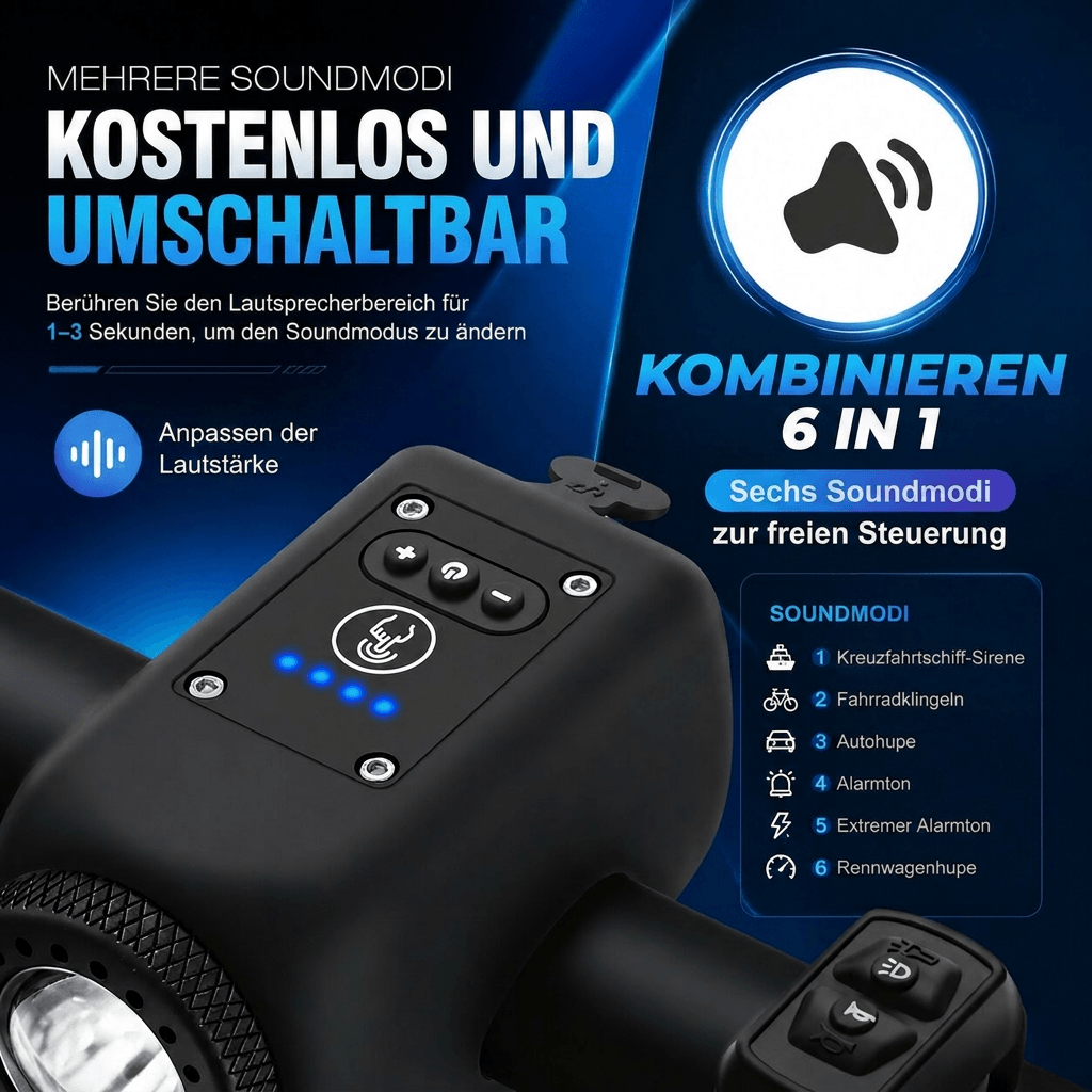 Fahrradlicht mit Hupe USB Aufladbar | 110 dB Hupe und 30 m Flutlicht | IPX5 Wasserdicht mit 225 Minuten Akkulaufzeit 3