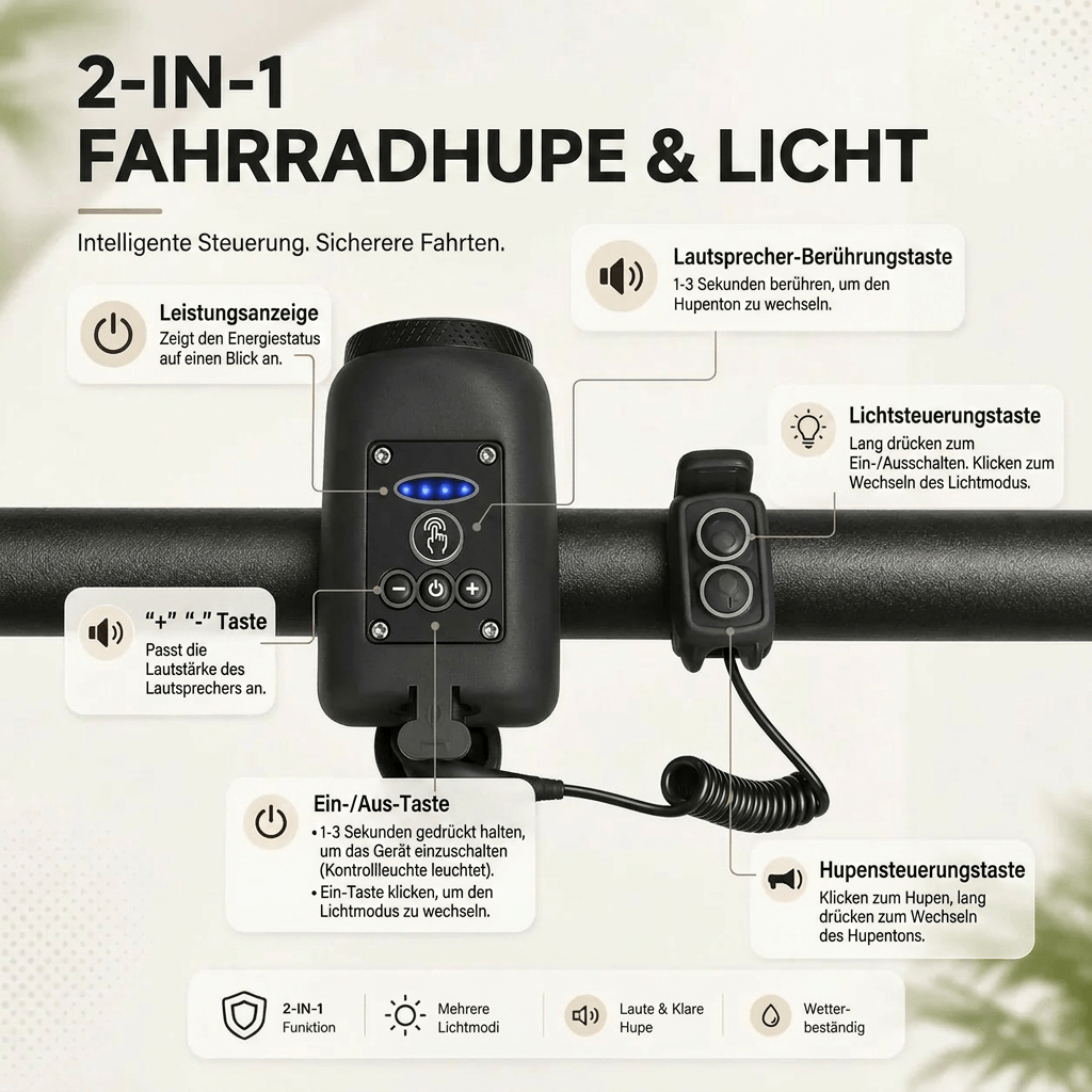 Fahrradlicht mit Hupe USB Aufladbar | 110 dB Hupe und 30 m Flutlicht | IPX5 Wasserdicht mit 225 Minuten Akkulaufzeit 7