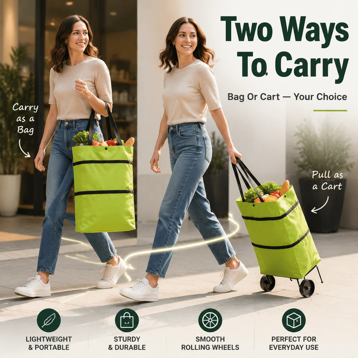 Faltbare 2-in-1 Einkaufstasche | Tragetasche & Roll-Trolley in einem | Platzsparend | CartAway