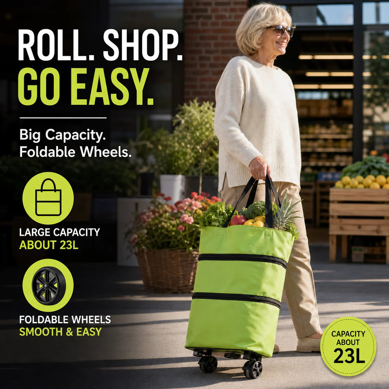 Faltbare 2-in-1 Einkaufstasche | Tragetasche & Roll-Trolley in einem | Platzsparend | CartAway