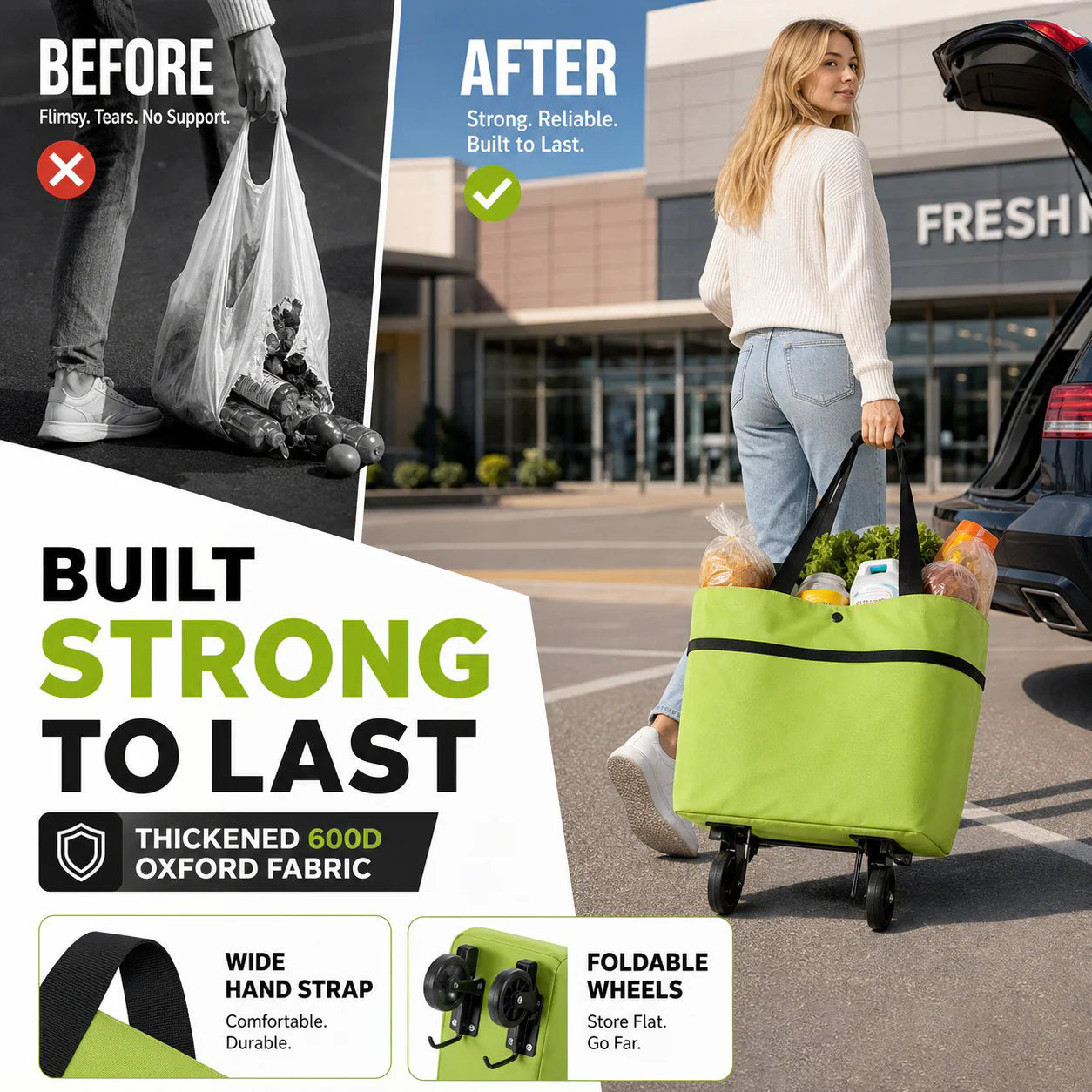 Faltbare 2-in-1 Einkaufstasche | Tragetasche & Roll-Trolley in einem | Platzsparend | CartAway