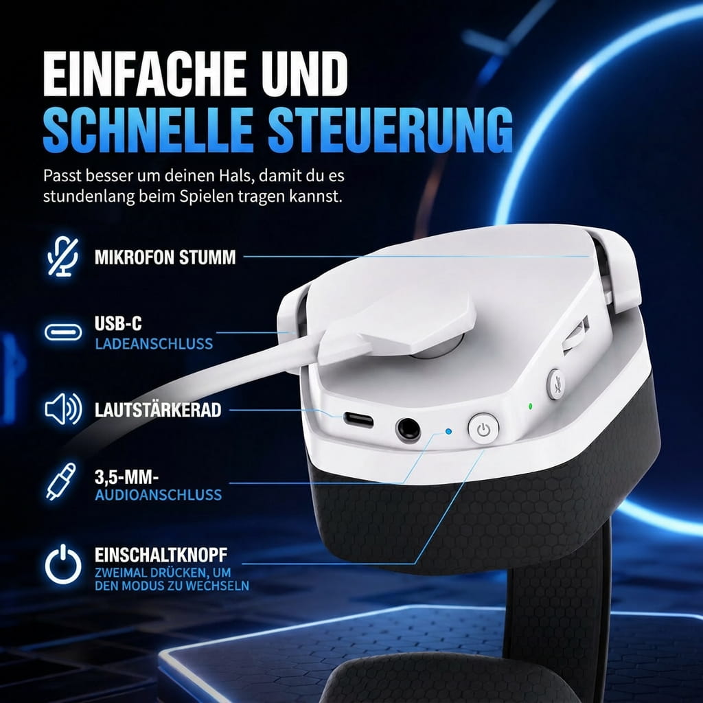 Gaming Headset kabellos mit Mikrofon | 2,4 GHz Wireless & Bluetooth 5.3, Noise Cancelling | 100 Std. Akkulaufzeit, USB-C 12
