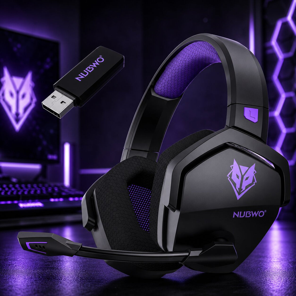 Gaming Headset kabellos mit Mikrofon | 2,4 GHz Wireless & Bluetooth 5.3, Noise Cancelling | 100 Std. Akkulaufzeit, USB-C 3