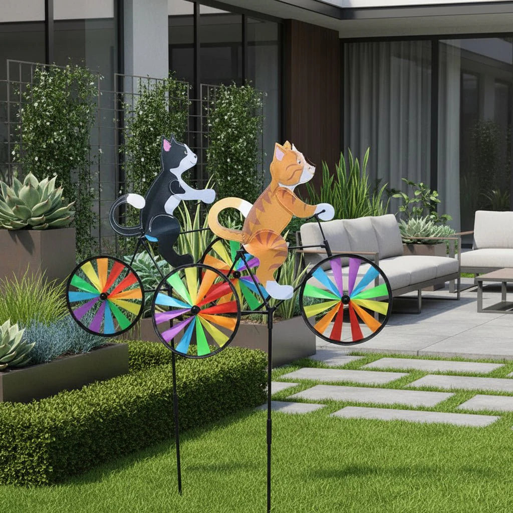 Gartendekoration | Windmühle Katze Fahrrad | Handbemalte Figur | Spinbloom
