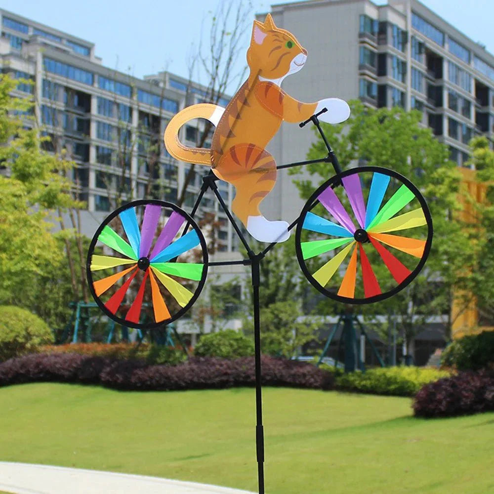 Gartendekoration | Windmühle Katze Fahrrad | Handbemalte Figur | Spinbloom