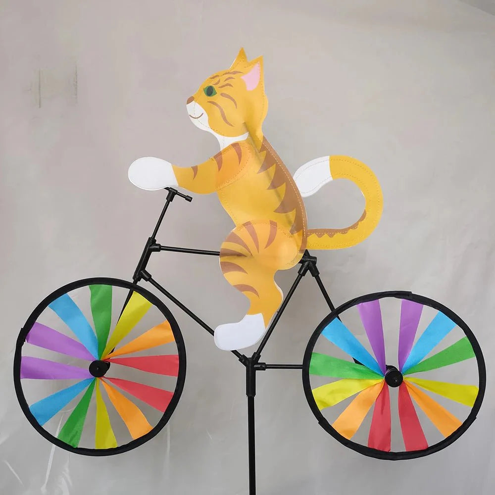 Gartendekoration | Windmühle Katze Fahrrad | Handbemalte Figur | Spinbloom