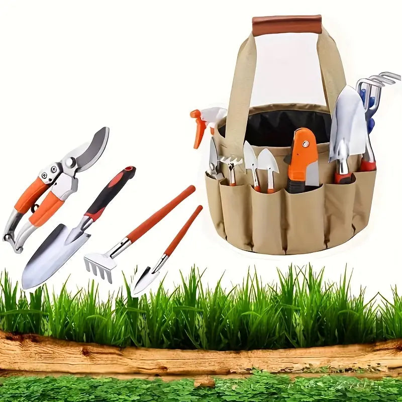 Gartenwerkzeug-Set 10-teilig aus Metall | Mit Tragetasche, ergonomische Griffe | Rostbeständig, leicht, für Beete und Balkone