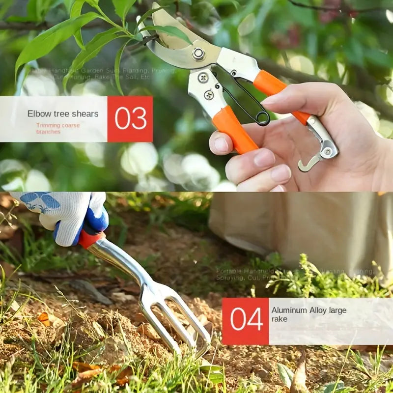 Gartenwerkzeug-Set 10-teilig aus Metall | Mit Tragetasche, ergonomische Griffe | Rostbeständig, leicht, für Beete und Balkone