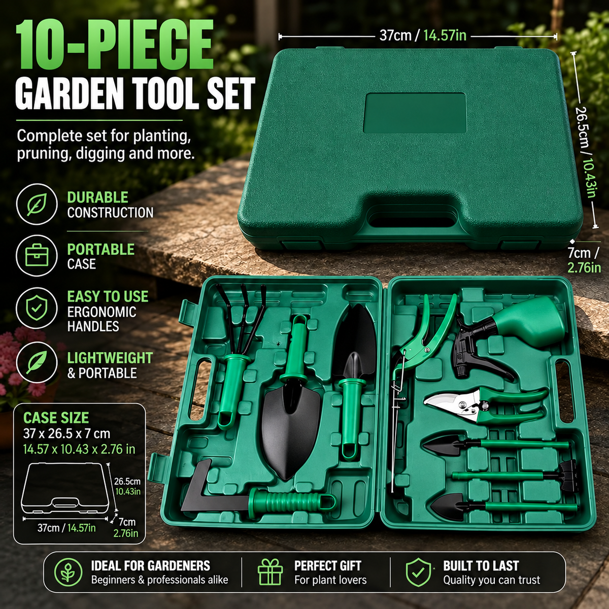 Set di attrezzi da giardino in acciaio inox | 10 pezzi con valigetta rigida per piantare, scavare e tagliare | Antiruggine ed ergonomico