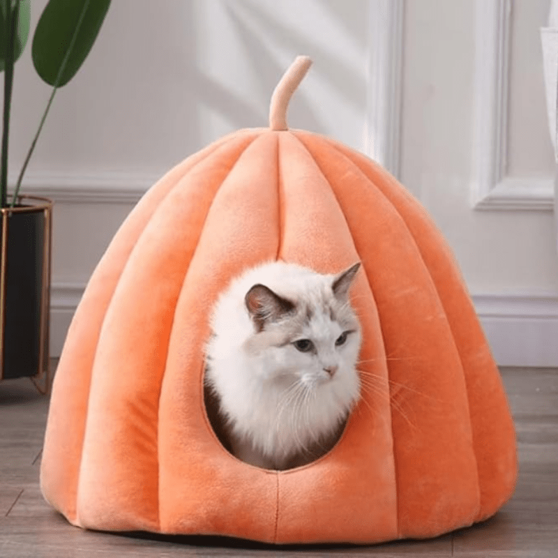 Geschlossenes Katzenbett | Katzenhöhle im Kürbis-Look | mit Herausnehmbarem Kissen | CozyPaws