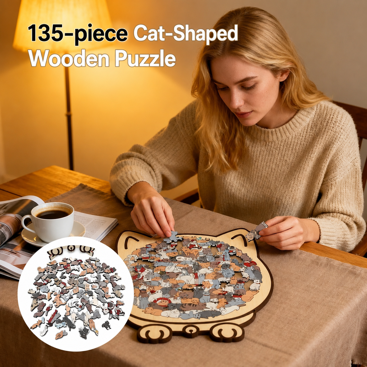 Holzpuzzle Katze 135 Teile | Morandi-Farben | CalmPiece