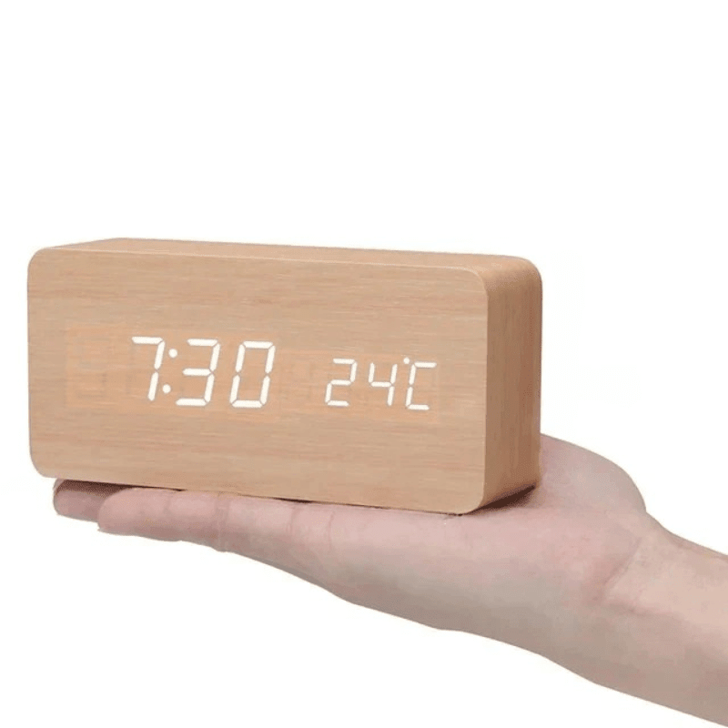 Holzuhr LED Tischuhr Holz | Sprachsteuerung | Temperaturanzeige | Timbrek