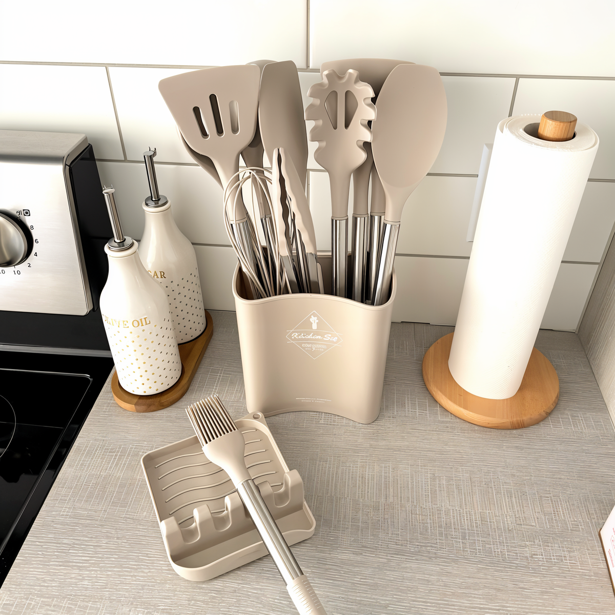 Silikon-Küchenutensilien-Set 12-teilig, 34 cm, Edelstahlgriffe | Beige, Schwarz, Grau | Hitzebeständig, BPA-frei, inkl. Halter 1
