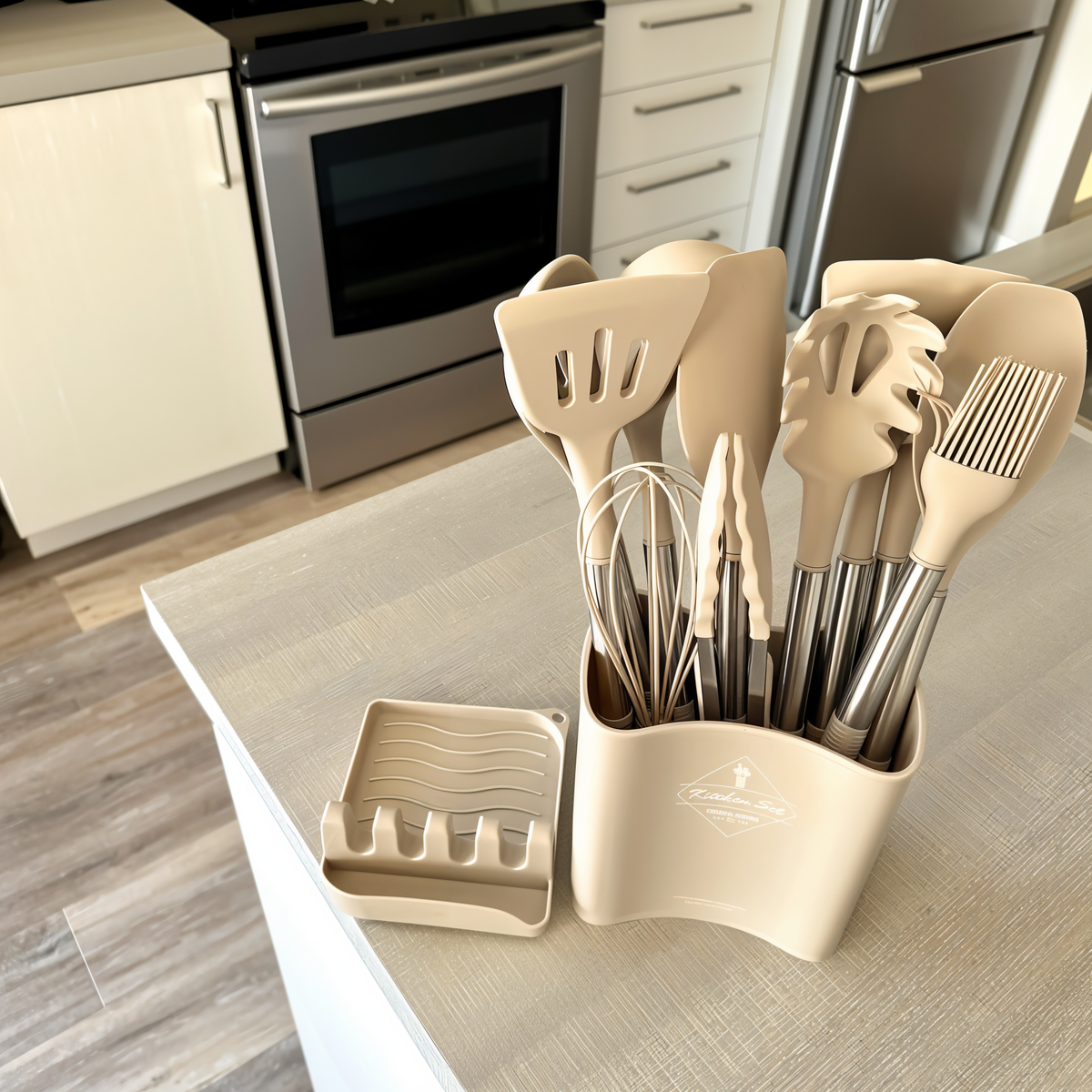 Silikon-Küchenutensilien-Set 12-teilig, 34 cm, Edelstahlgriffe | Beige, Schwarz, Grau | Hitzebeständig, BPA-frei, inkl. Halter 14