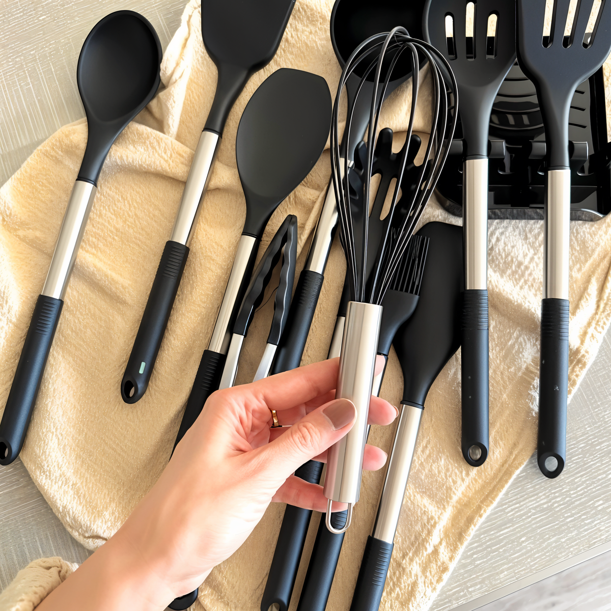 Silikon-Küchenutensilien-Set 12-teilig, 34 cm, Edelstahlgriffe | Beige, Schwarz, Grau | Hitzebeständig, BPA-frei, inkl. Halter 6