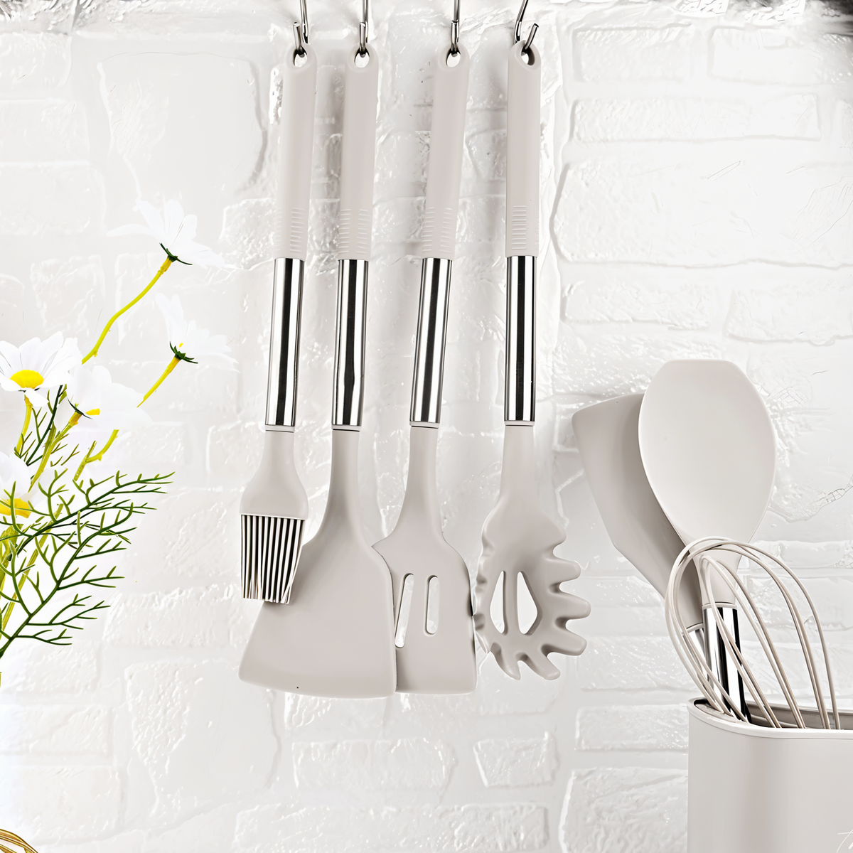 Silikon-Küchenutensilien-Set 12-teilig, 34 cm, Edelstahlgriffe | Beige, Schwarz, Grau | Hitzebeständig, BPA-frei, inkl. Halter 15