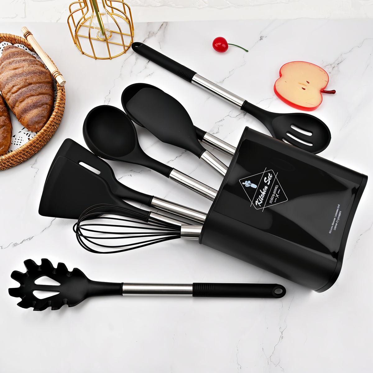 Silikon-Küchenutensilien-Set 12-teilig, 34 cm, Edelstahlgriffe | Beige, Schwarz, Grau | Hitzebeständig, BPA-frei, inkl. Halter 9