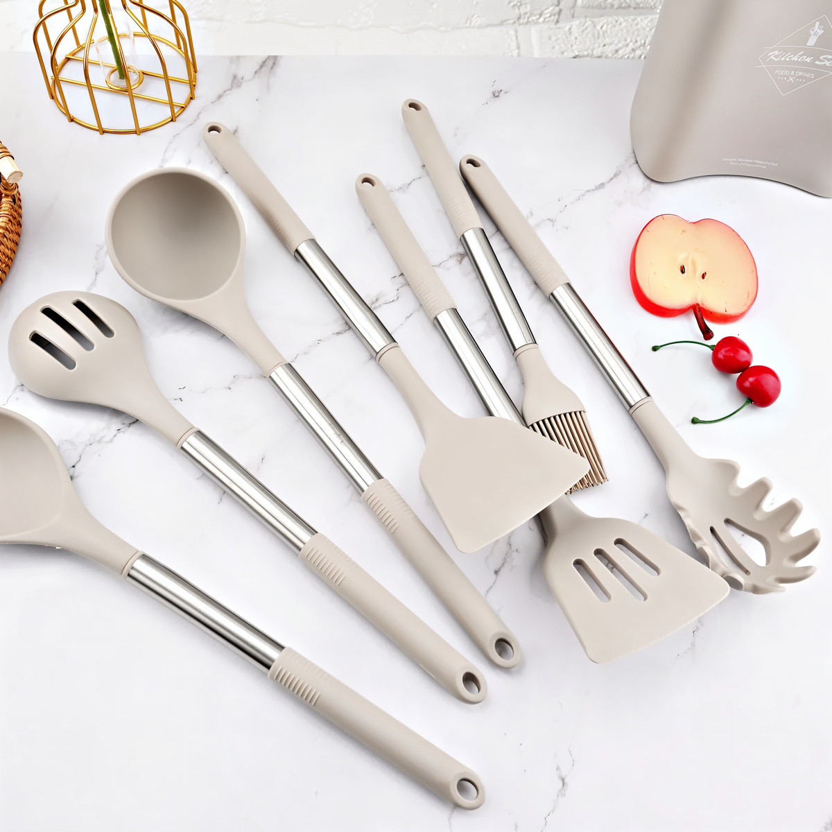 Silikon-Küchenutensilien-Set 12-teilig, 34 cm, Edelstahlgriffe | Beige, Schwarz, Grau | Hitzebeständig, BPA-frei, inkl. Halter 10