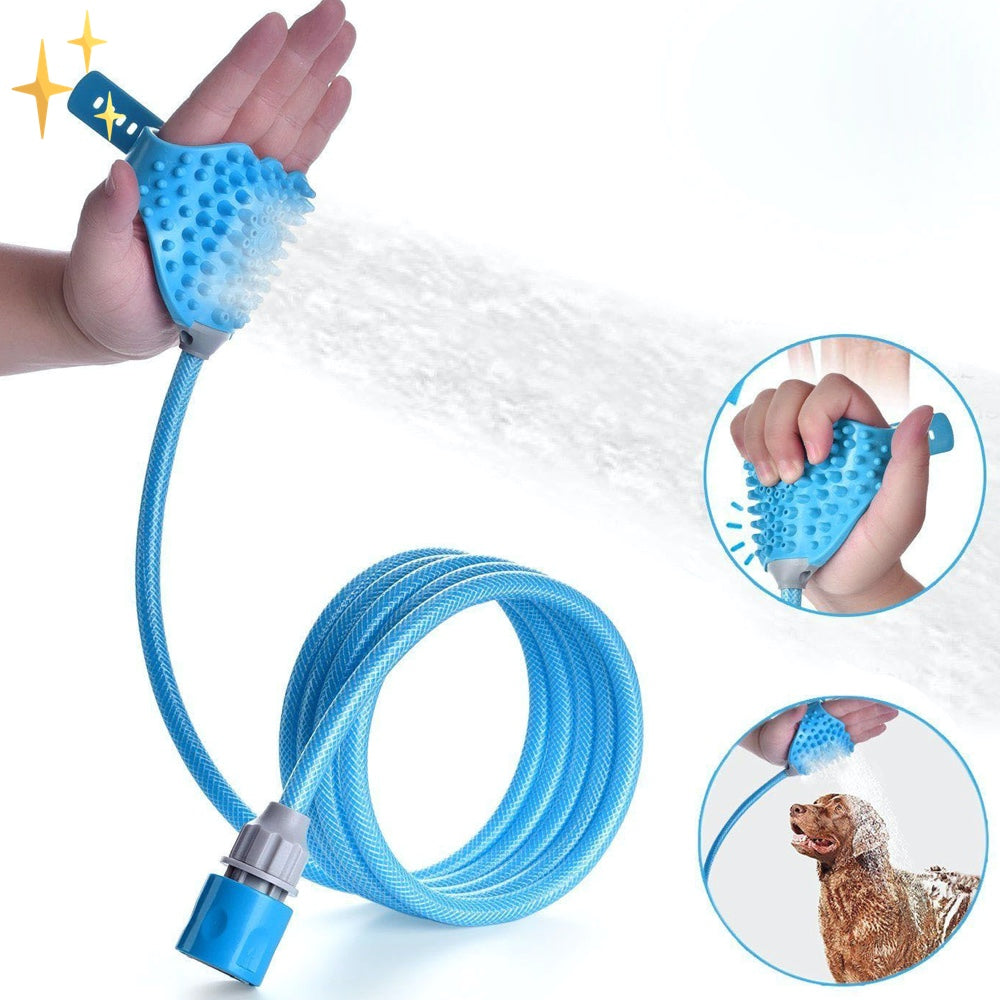 Hundeduschhandschuh mit Bürste | Gartenschlauch-Anschluss | Silikon | Aquabrush