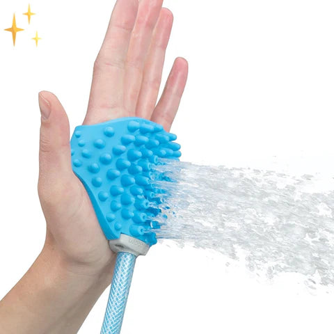 Hundeduschhandschuh mit Bürste | Gartenschlauch-Anschluss | Silikon | Aquabrush