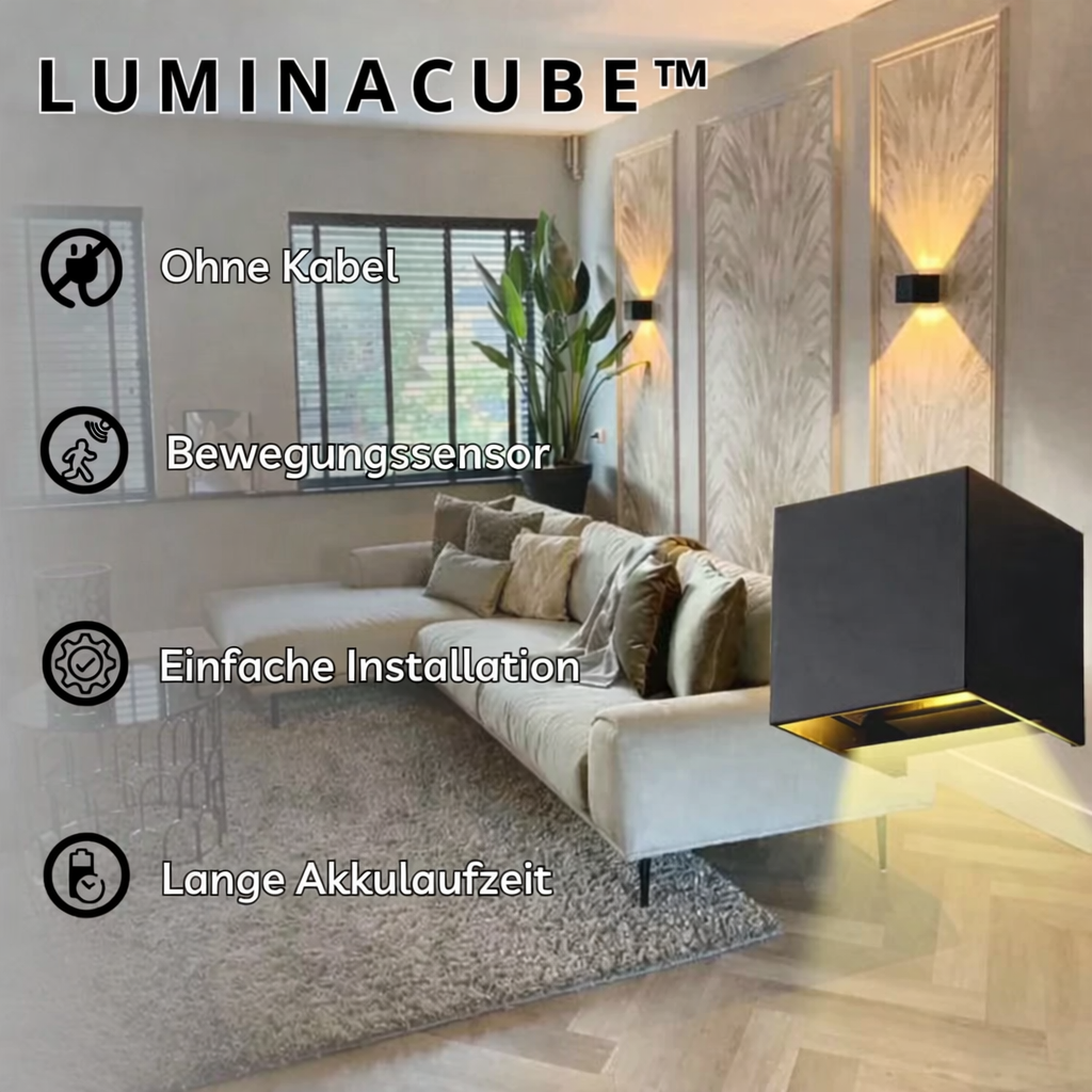 Kabellose Wandlampe | Bewegungsmelder | Warmes Licht 3000K | Modern & Elegant | LuminaCube
