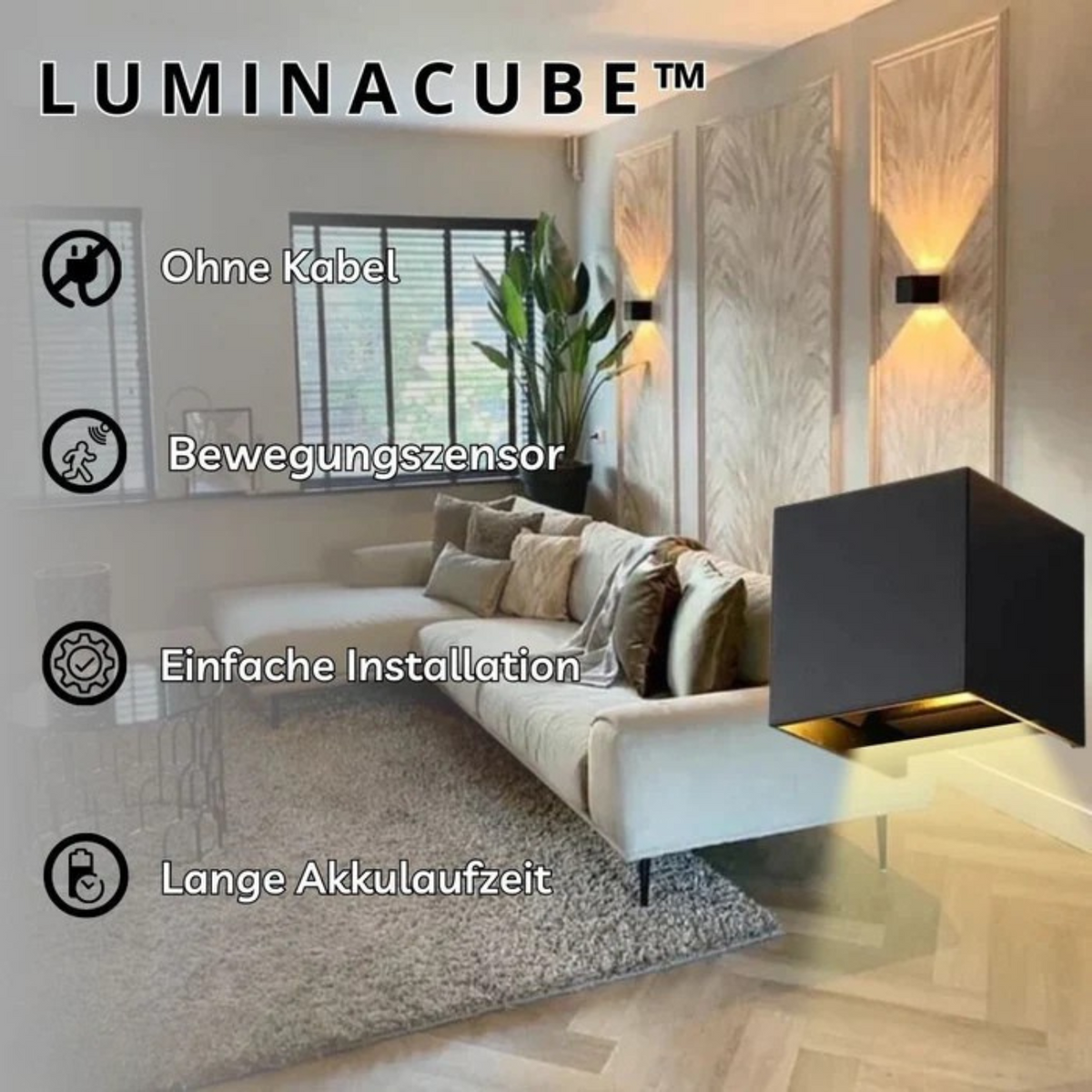 Kabellose Wandlampe USB-aufladbar Würfelform mit Bewegungssensor