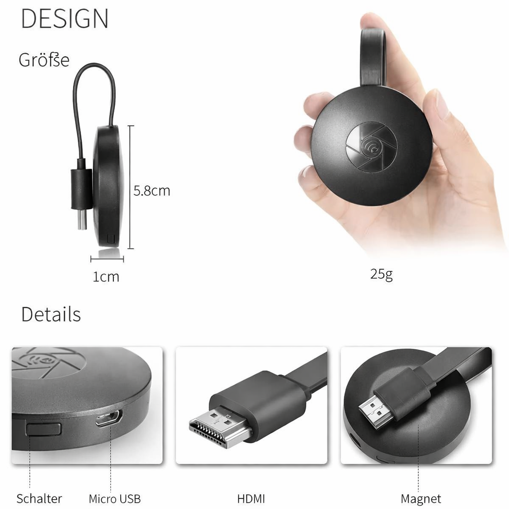 Kabelloser HD-Mirror-Adapter | Full HD 1080p | Miracast, AirPlay & DLNA | CastView Pro