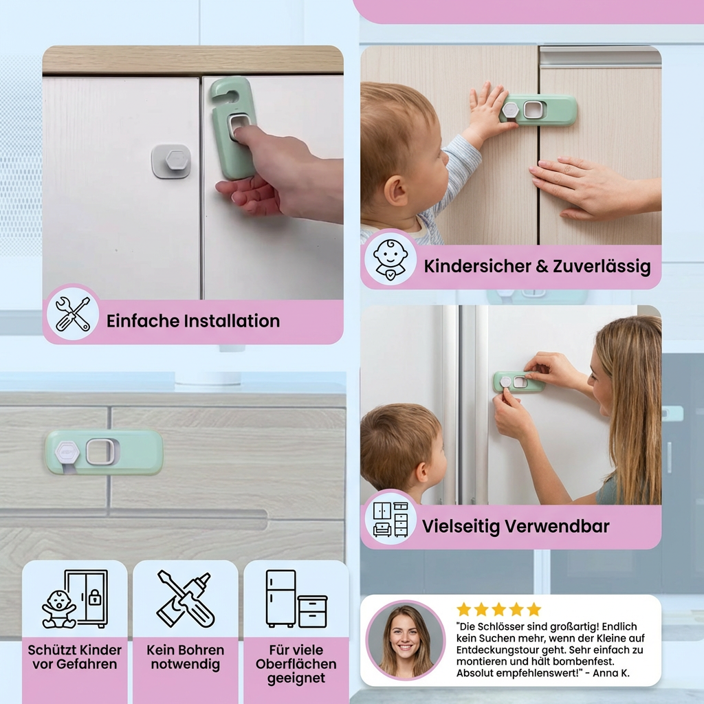 Kindersicherung für Schrank & Schublade 2er Set | 360° drehbar, ohne Bohren | Verschluss für Kühlschrank & Möbel