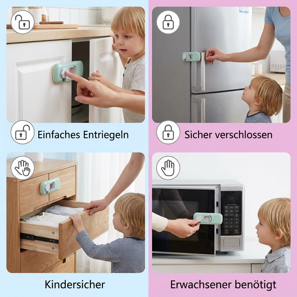 Kindersicherung für Schrank & Schublade 2er Set | 360° drehbar, ohne Bohren | Verschluss für Kühlschrank & Möbel
