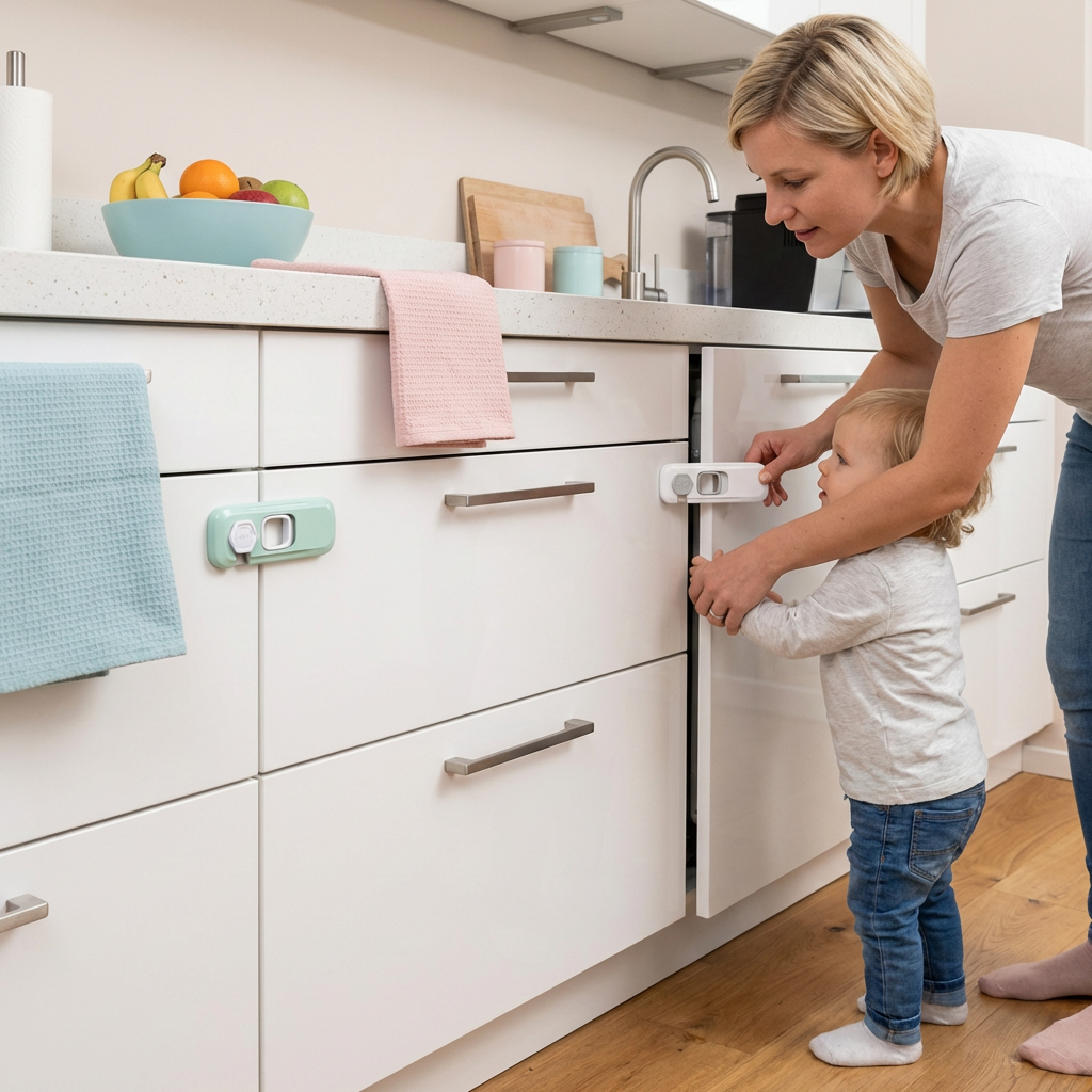 Kindersicherung für Schrank & Schublade 2er Set | 360° drehbar, ohne Bohren | Verschluss für Kühlschrank & Möbel