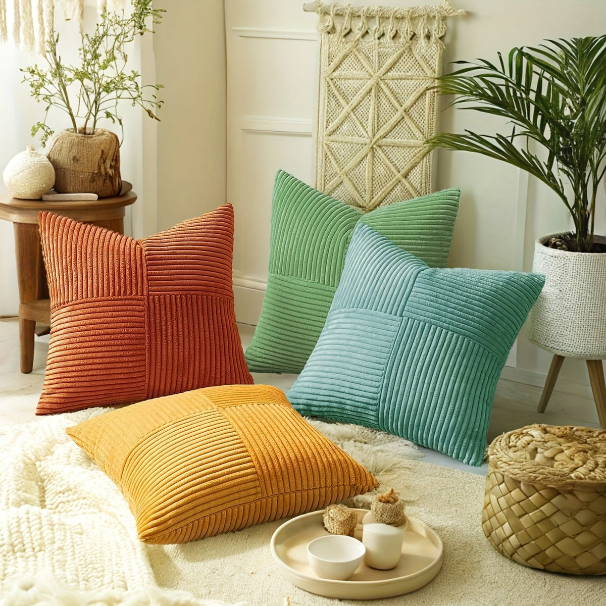 Kissenbezüge Cord 46x46 cm im 4er-Set | Boho-Stil, gerippte Textur | Verdeckter Reißverschluss, pflegeleichtes Polyester 2