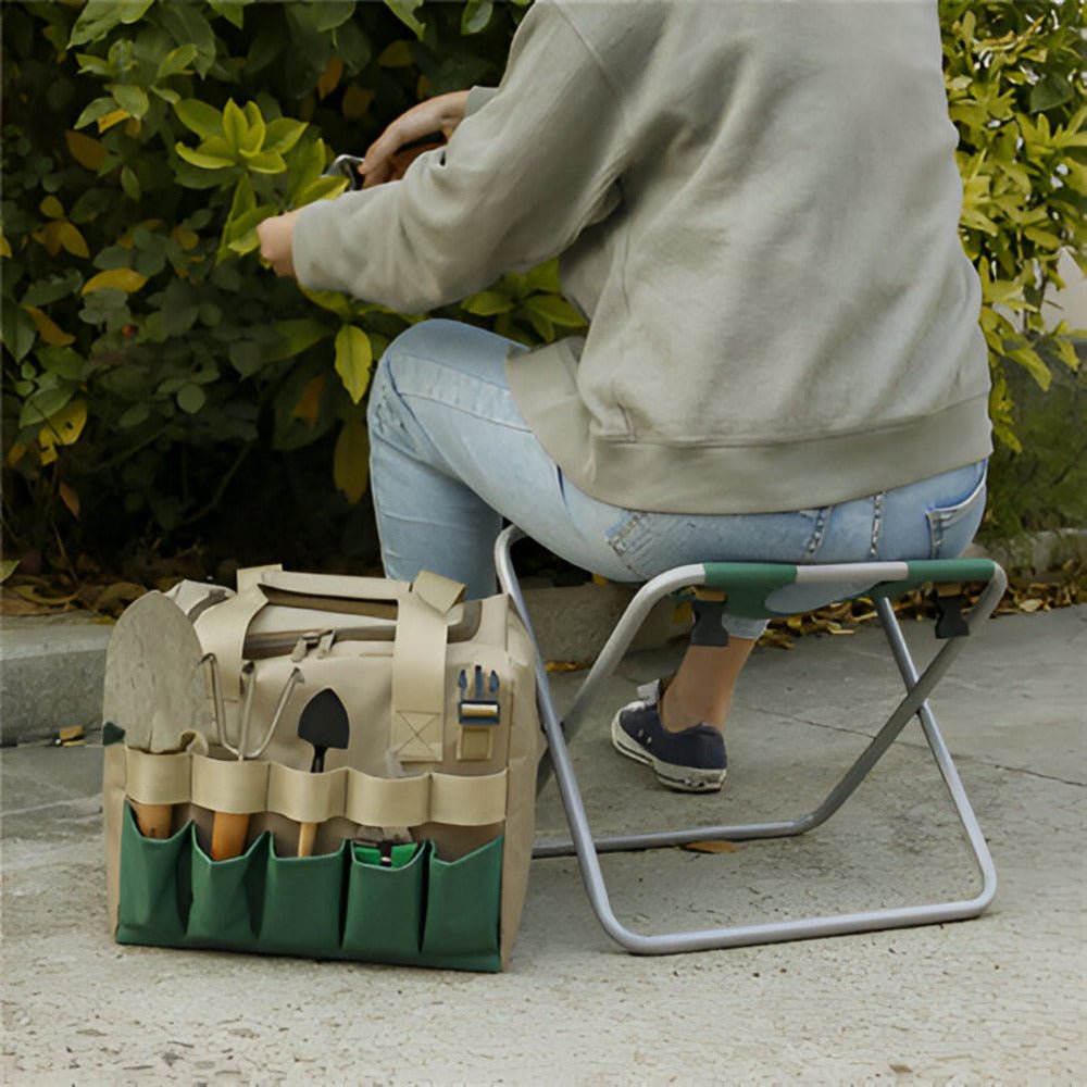 Kompaktes faltbares Gartengeräte-Set | Oxford | Hocker & Werkzeugtasche | Sitwerk