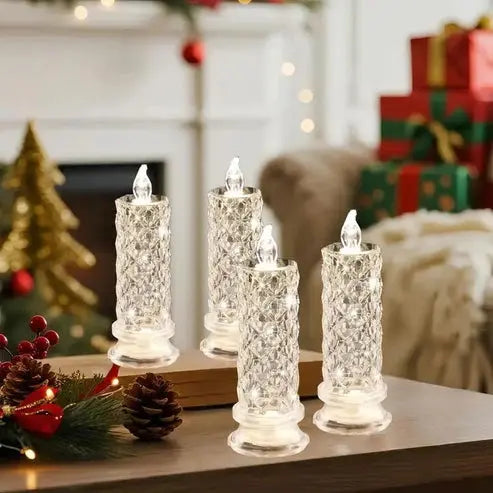 LED-Kerzen Kunststoff, 4er-Set 18 × 7 cm | Facettierter Kristall-Look | Warmweißes Licht, batteriebetrieben & kabellos 2