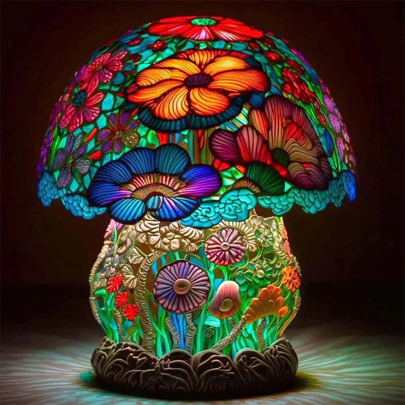 Künstlerische Tischlampe | Buntglas-Look | Warmweißes LED-Licht & Farbenspiel | Lumavera