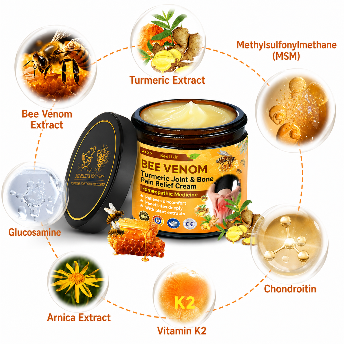 Alivio articular con cúrcuma | Crema de masaje calorífica con veneno de abeja | De rápida absorción | BeeLixir