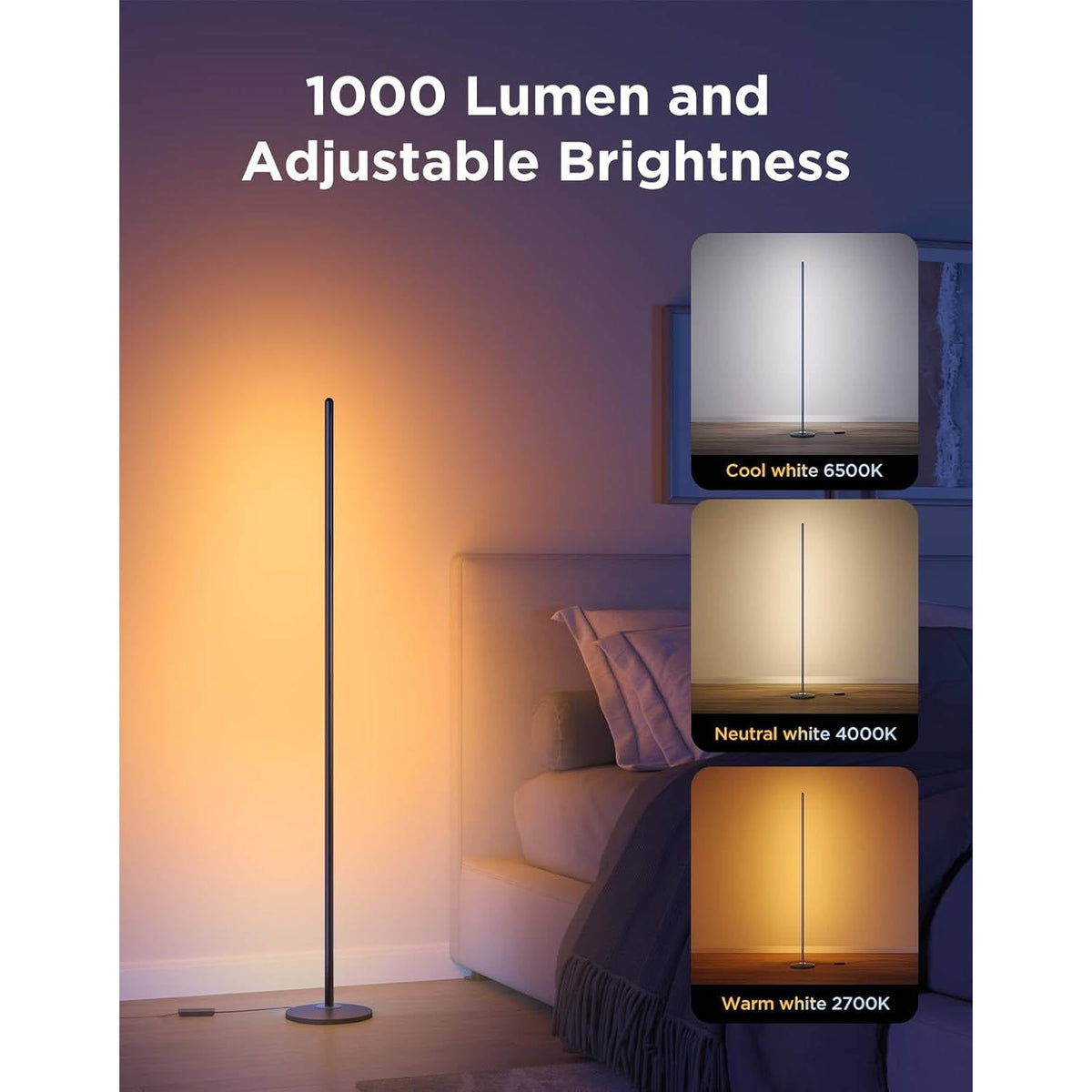 LED Eck-Stehleuchte Aluminium | RGBIC Mehrfarbig mit Musiksynchronisation | 1000 Lumen, kompatibel mit Alexa und SmartThings