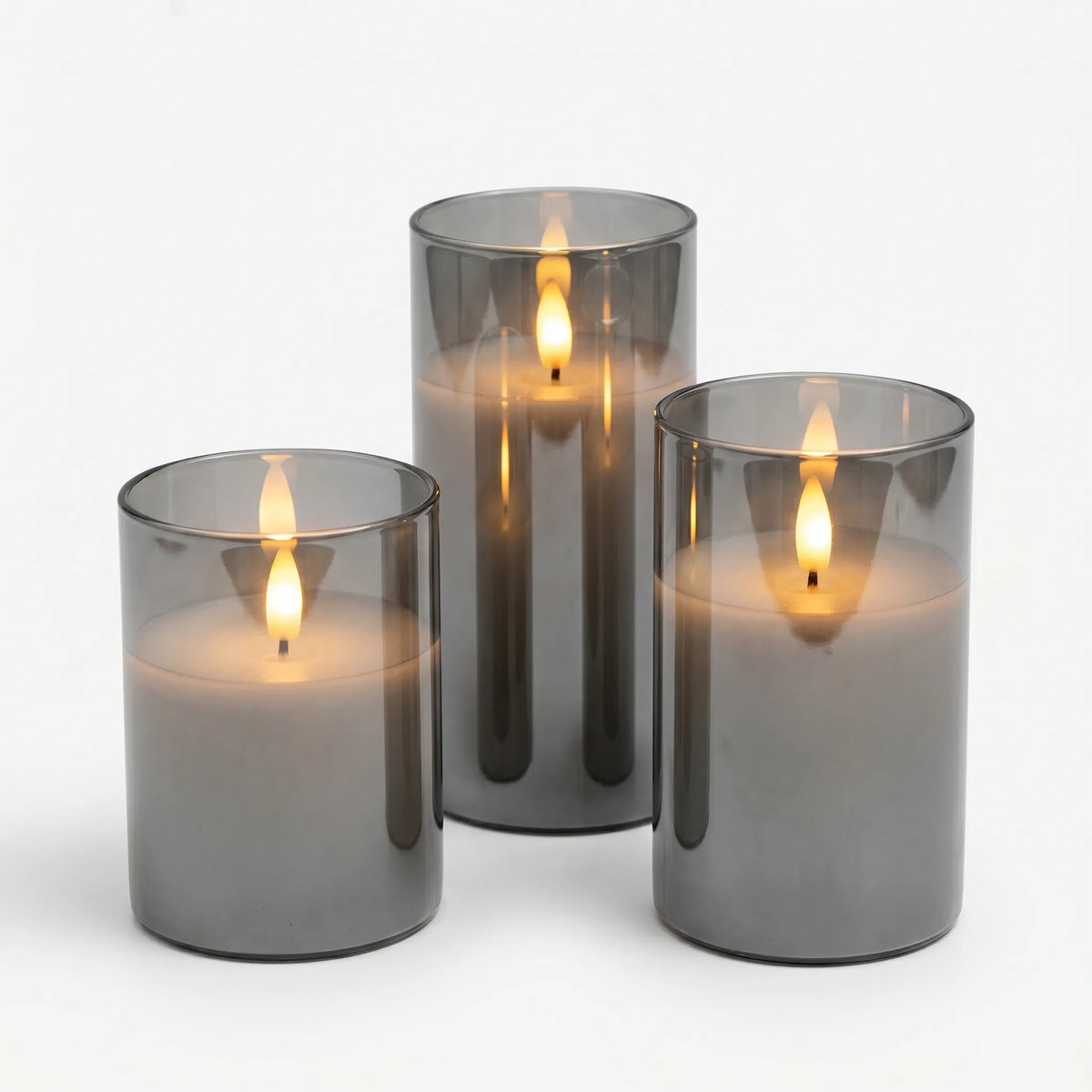 LED-Kerzen-Set im Zylinder-Design | Realistischer Flackereffekt, 3 gestaffelte Höhen | Flammenlos ohne Wachstropfen