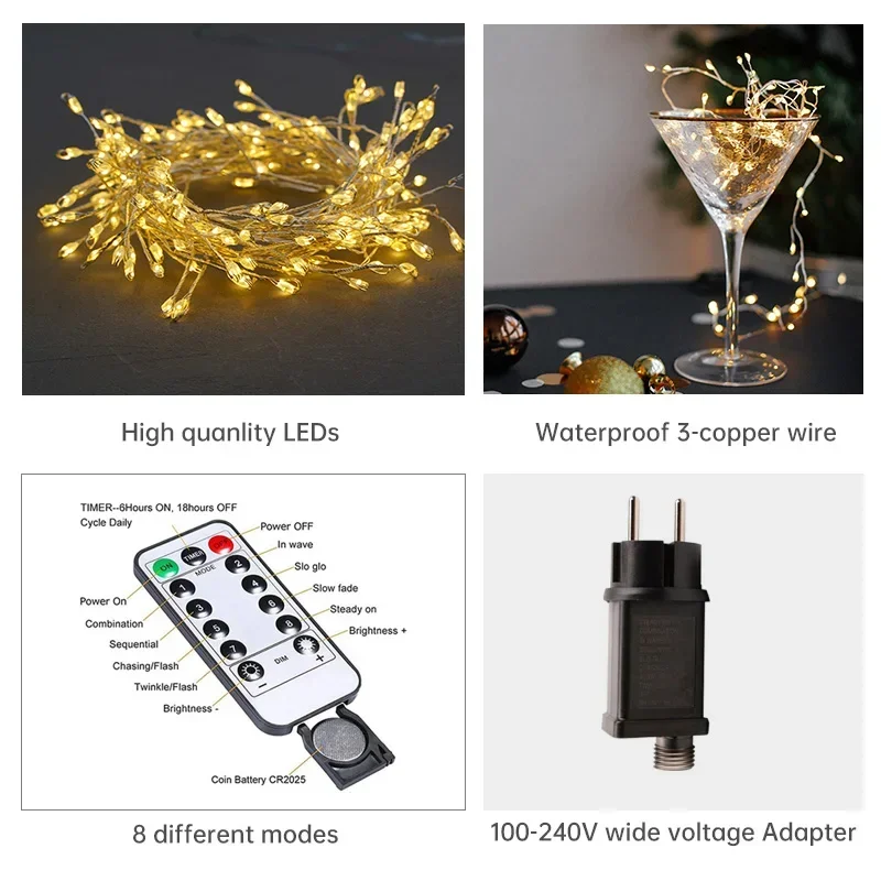 LED-Lichterkette Silberdraht | Bis zu 1000 LEDs, mehrere Lichtfarben | IP44 Spritzwasserschutz für drinnen & draußen